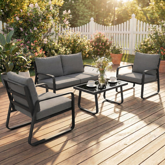 4-Piece Garden Sofa Set | Loveseat, 2 Armchairs & Glass Table | 16cm Cushions | Zip Covers | Black