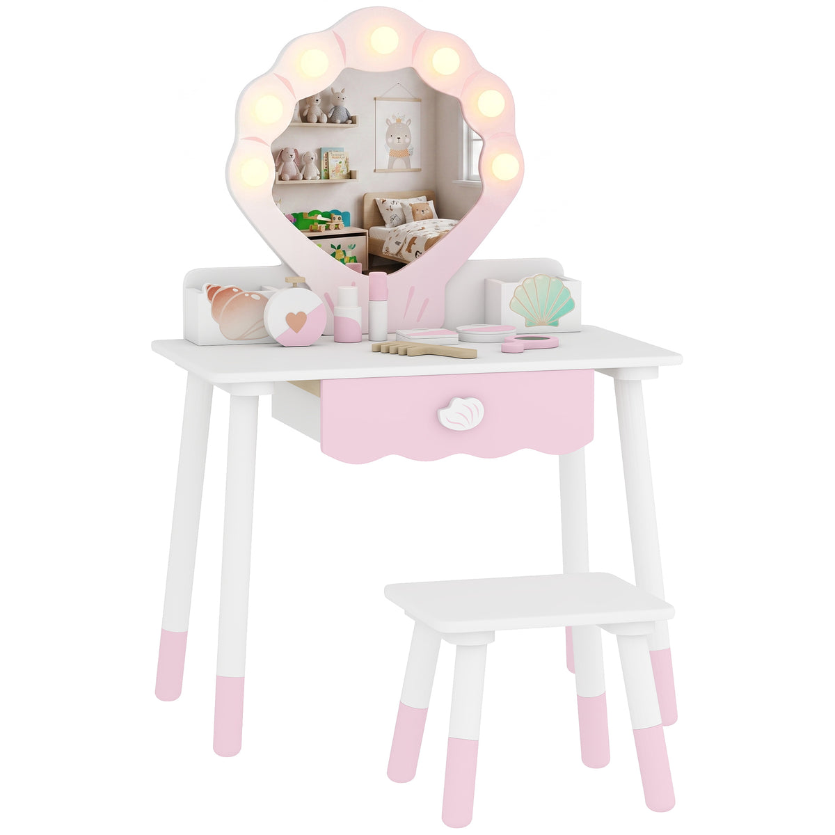 Kids Vanity Set | Dressing Table & Chair | Lighted Acrylic Mirror | 7 Accessories | 2 Storage Compartments | Ages 3–8 | Pink