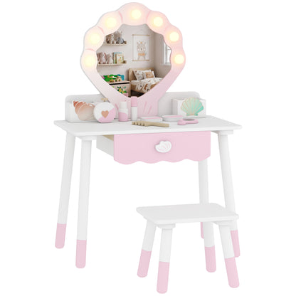 Kids Vanity Set | Dressing Table & Chair | Lighted Acrylic Mirror | 7 Accessories | 2 Storage Compartments | Ages 3–8 | Pink