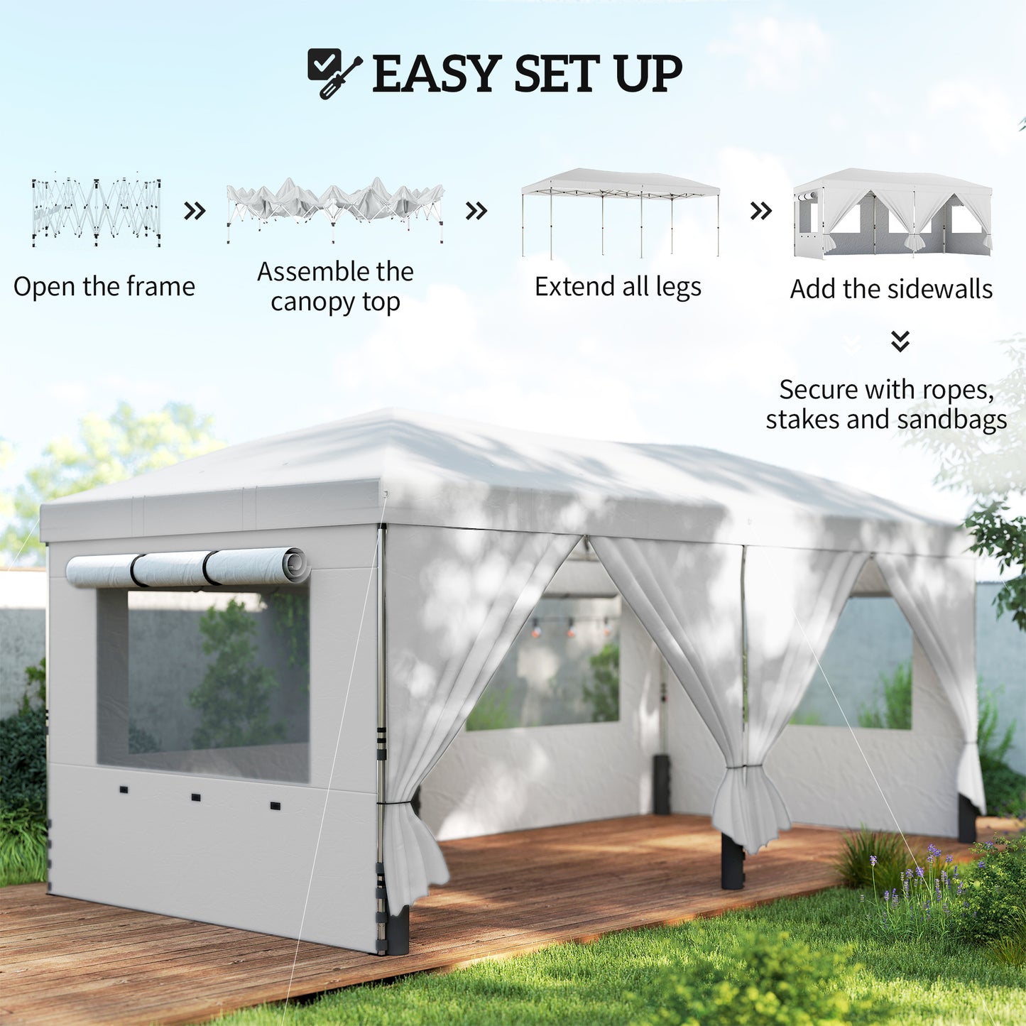 3x6m Pop-Up Canopy Gazebo | 17.5m² Coverage | 210D Silver-Coated UPF50+ Oxford Fabric | 6 Detachable Sidewalls | 3-Level Height Adjustment | 12 Drainage Holes | 18 Stakes & 6 Guy Ropes | Wheeled Carry Bag | White