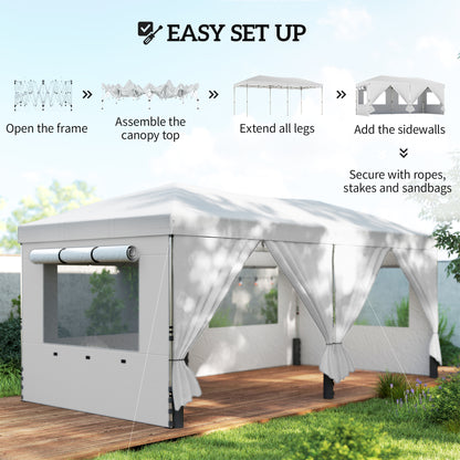 3x6m Pop-Up Canopy Gazebo | 17.5m² Coverage | 210D Silver-Coated UPF50+ Oxford Fabric | 6 Detachable Sidewalls | 3-Level Height Adjustment | 12 Drainage Holes | 18 Stakes & 6 Guy Ropes | Wheeled Carry Bag | White