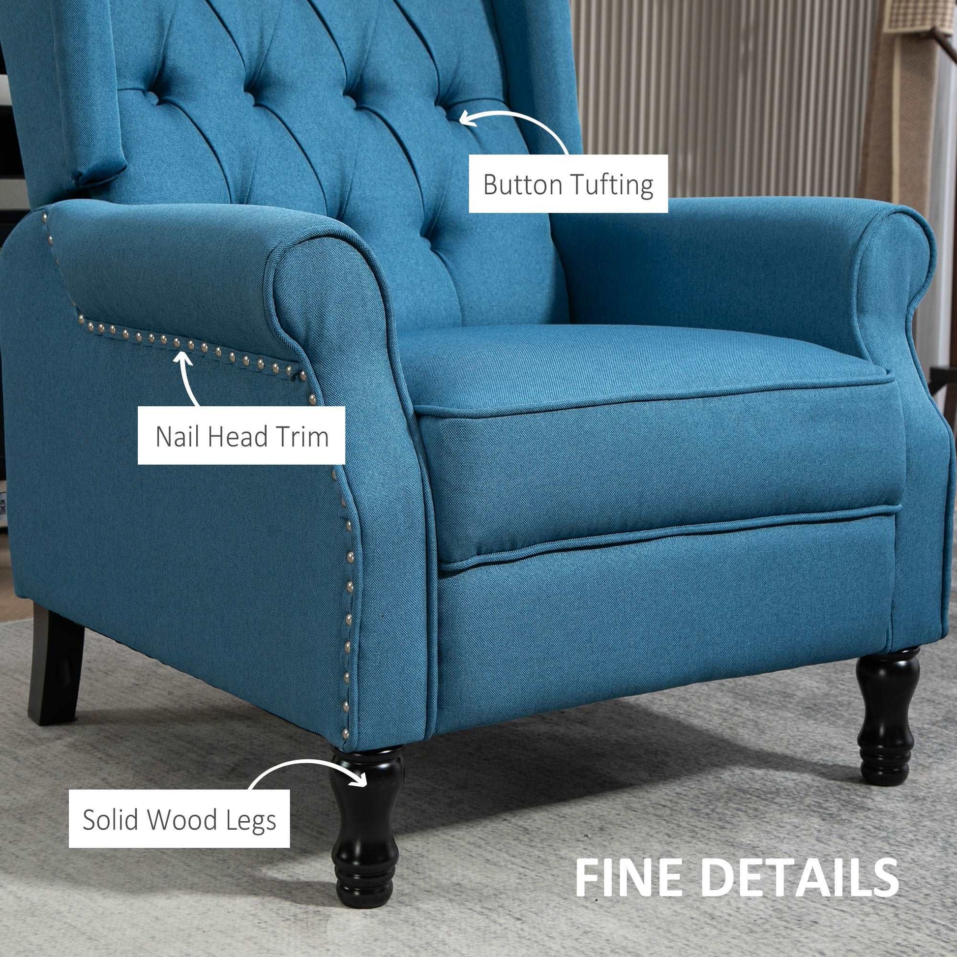 150° Reclining Vintage Retro Old Style Armchair, with footrest - Blue