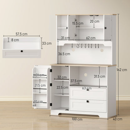 Freestanding Kitchen Cupboard | 2 Cabinets | 2 Drawers | 3 Door Racks | Adjustable Shelves | 8 Mug Holders | 106kg | White