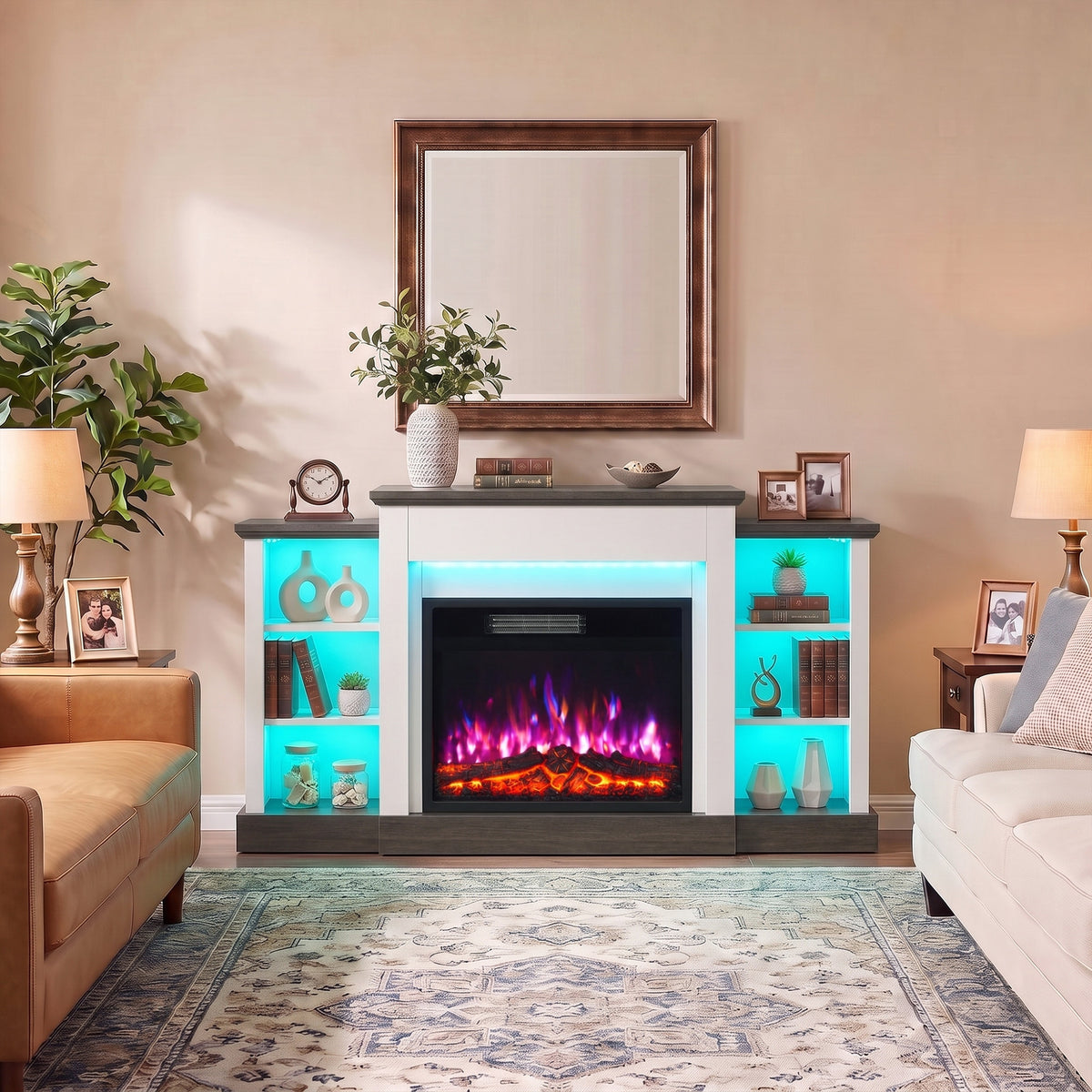 138cm Electric Fireplace TV Stand | 6 Shelves, RGB LED Lighting & 12 Flame Colours | 900/1800W, Thermostat, Remote & Timer | White/Dark Brown