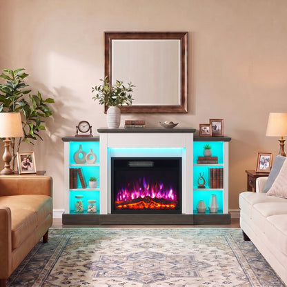 138cm Electric Fireplace TV Stand | 6 Shelves, RGB LED Lighting & 12 Flame Colours | 900/1800W, Thermostat, Remote & Timer | White/Dark Brown