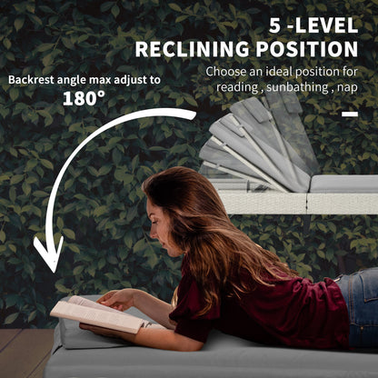 3-piece PE Rattan Patio Sun Lounger Set with Adjustable 5-Position Recline With Cushions, Headrests, Glass Top Square Coffee Table, Light Grey