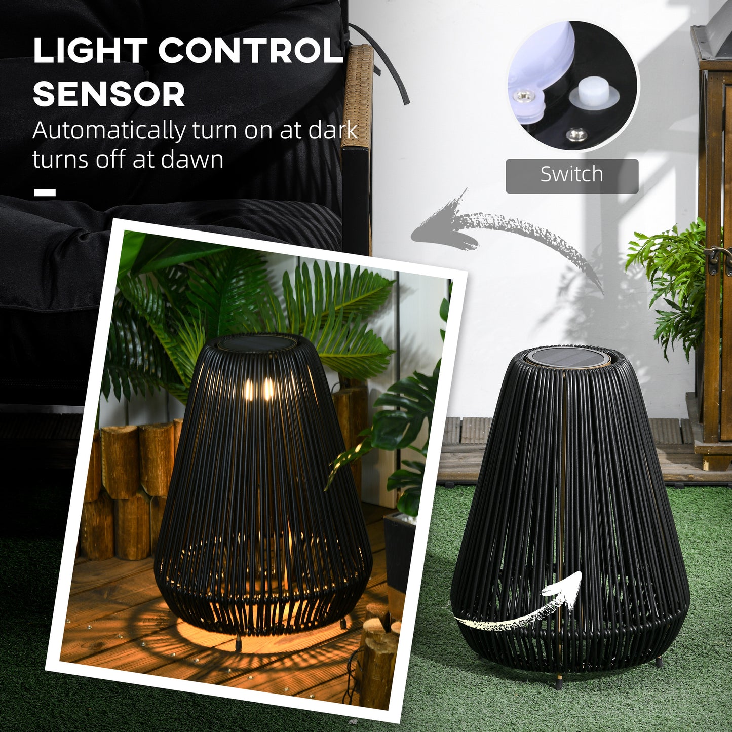 Outdoor Solar Lamp, 3-Level Adjustable Garden Rattan Solar Lantern and Decorative Lighting W/ Auto On/Off LED Light for Porch, Deck, Black