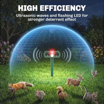 Solar Ultrasonic Animal Repeller | 110° PIR Motion Sensor | 6-8m Range | LED Flash | Ground Stake | IPX4 Weatherproof | Humane Cat Dog Rat Deterrent | 14x9.2x37cm | Green