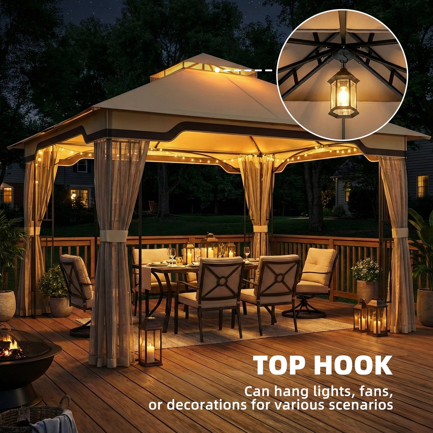 3.3x3.3m Permanent Garden Gazebo | Double-Tier UPF50+ Roof | Mesh Panels | Integrated Corner Shelves | Ceiling Hook | Triangular Powder-Coated Posts | Expansion Screws | Ground Stakes | Khaki