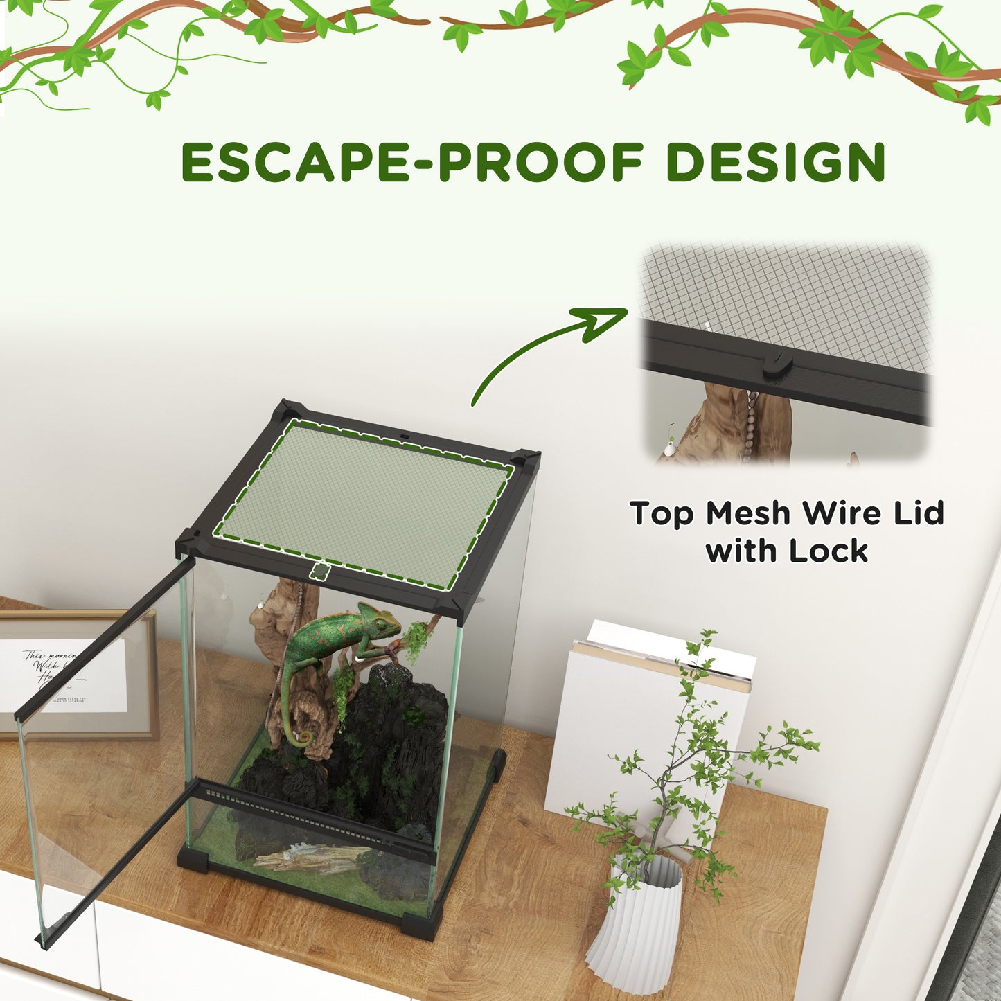 PawHut 12L Vivarium for Lizards Frogs Snakes Turtles Tortoises w/ Anti Escape Design, Ventilation