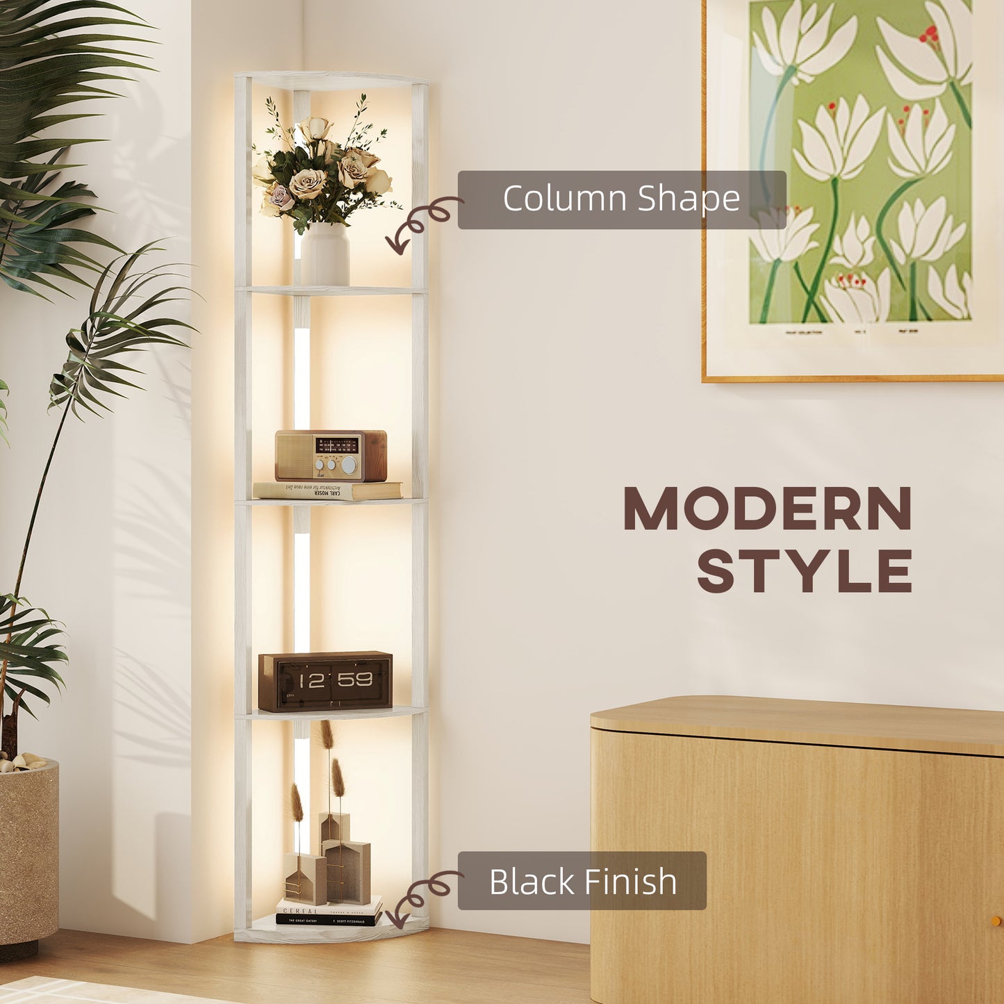 Corner Floor Lamp for Living Room Bedroom with Dimmable Warm White LED Light, Modern Tall Standing Lamp, Oak