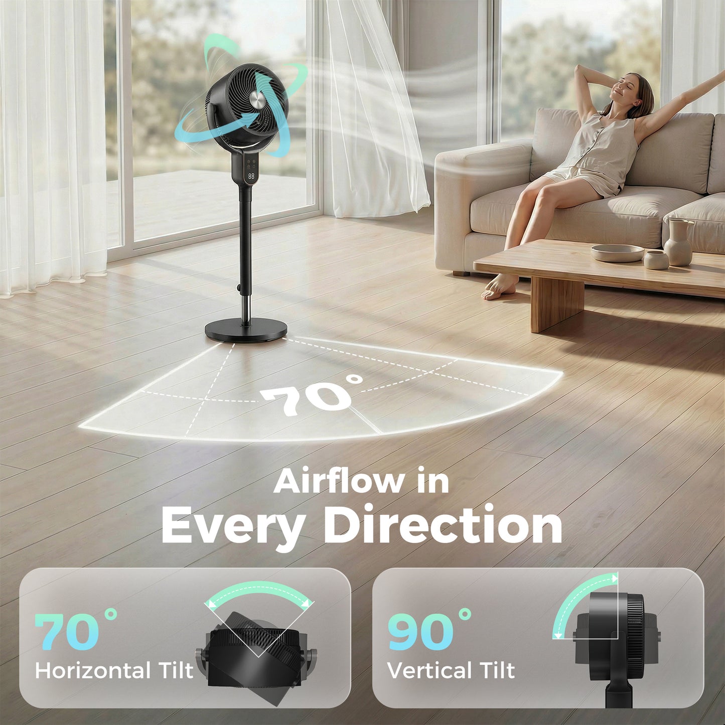 Pedestal Standing Fan | Turbo Mode | 20dB Sleep Mode | 8 Speeds | 16m³/min Airflow | 90° Oscillation | Aromatherapy Pad | Detachable Washable Grill | 5m Remote | 12H Timer | 50W | 83-107cm | Black