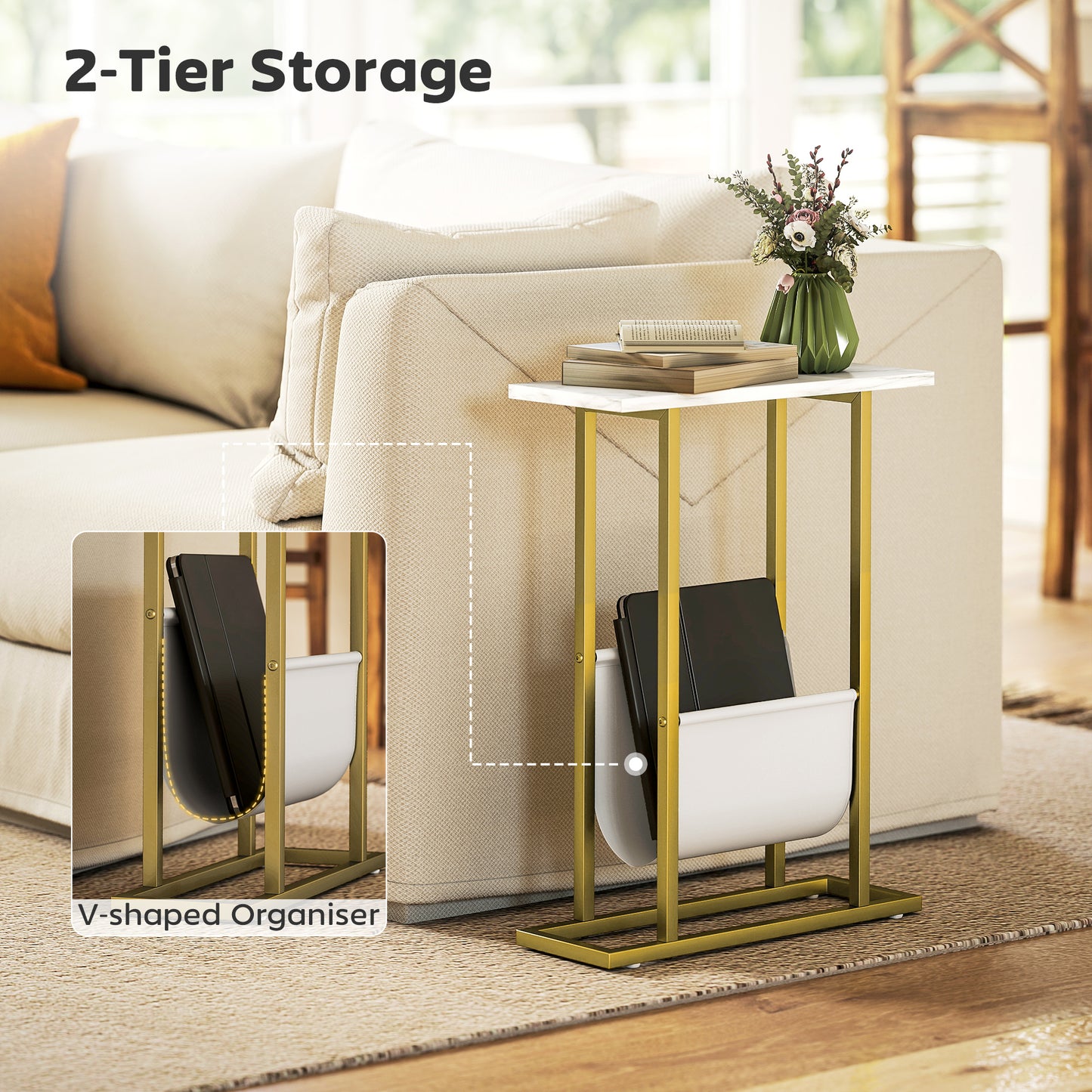 Narrow Side Table, End Table with Magazine Holder, Nightstand for Small Spaces, Living Room, Bedroom, White Marble Grain