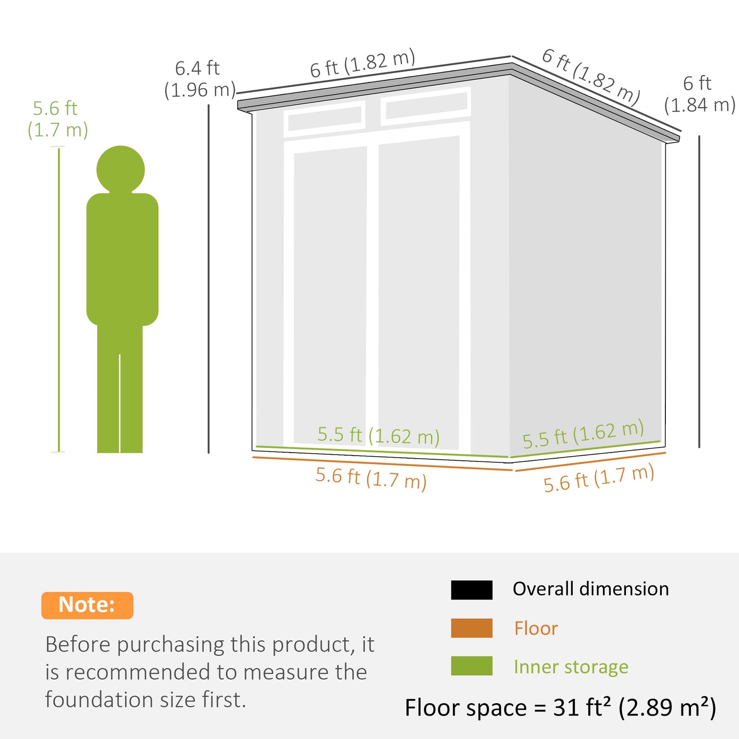 PP & Aluminium Garden Storage Shed with Floor | 3 Windows | Dual Vents | Double Doors | Lock & Keys | UV-Resistant | Water-Repellent | 40kg/m² Snow Load | 182x182x196cm | 2.89m² | Tools Bikes & BBQ | Dark Grey