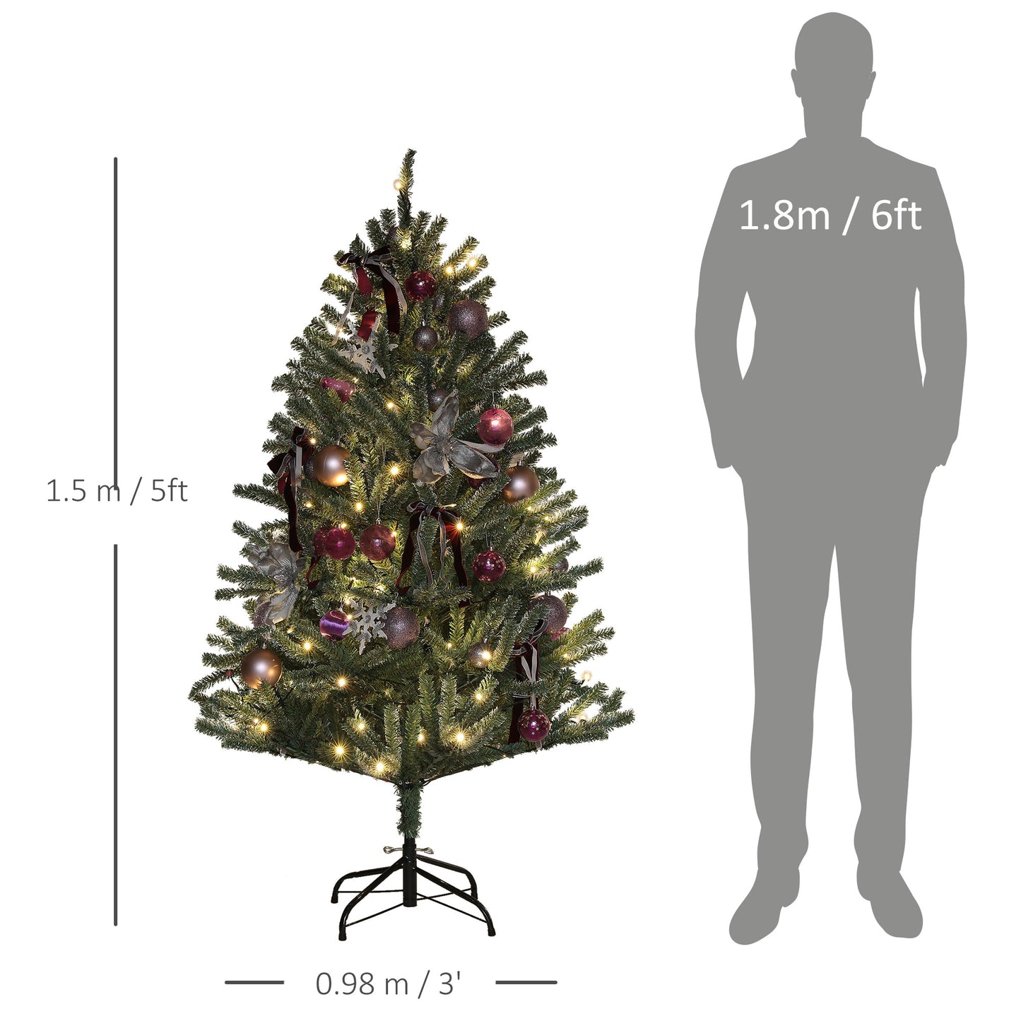 5ft Artificial Prelit Christmas Tree with Warm White LED Lights and 486 Tips, Metal Stand W/ Purple Ornaments