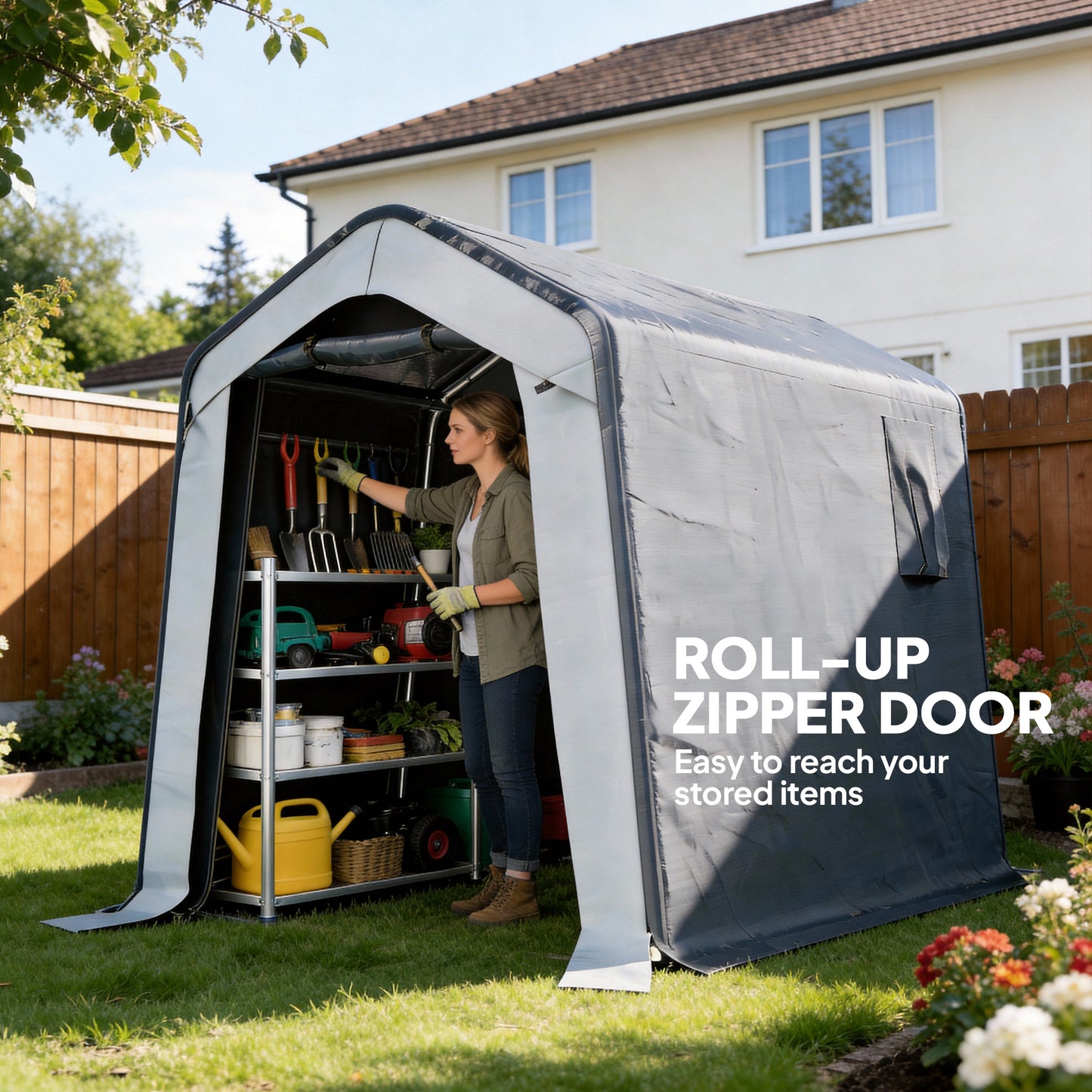 Garden Storage Shed Tent | 1.8x2.4m | Waterproof UV30+ | Galvanised Frame | Roll-Up Door | 2 Mesh Vents | Motorbike & Bike Storage | Grey