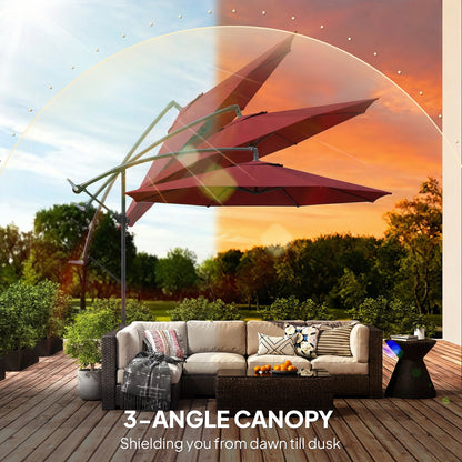 3m Cantilever Parasol with Cross Base | Crank Lift | Adjustable Angle | UV Resistant | 8-Rib | Wine Red