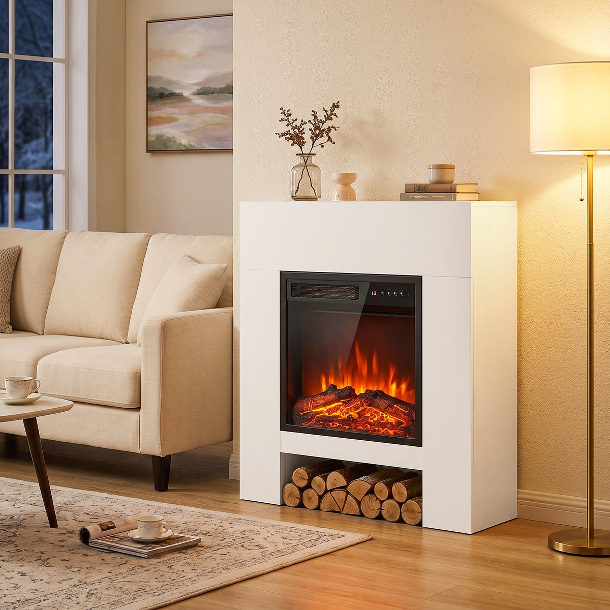 White Electric Fireplace Suite | 75cm Freestanding Mantel & Lower Storage | 900/1800W, Adjustable Log Flame Effect, 8-Hour Timer & Remote