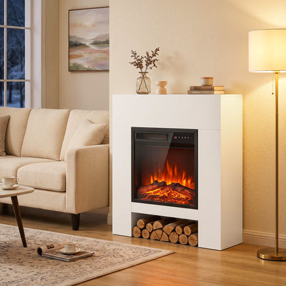 White Electric Fireplace Suite | 75cm Freestanding Mantel & Lower Storage | 900/1800W, Adjustable Log Flame Effect, 8-Hour Timer & Remote