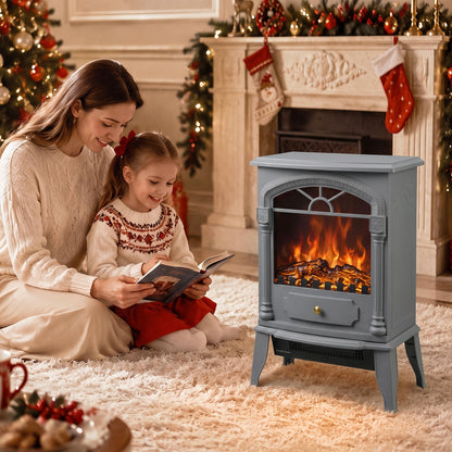 Freestanding Electric Fireplace Heater | 3D Flame Effect | 1000W/2000W | Adjustable Thermostat | Grey & White