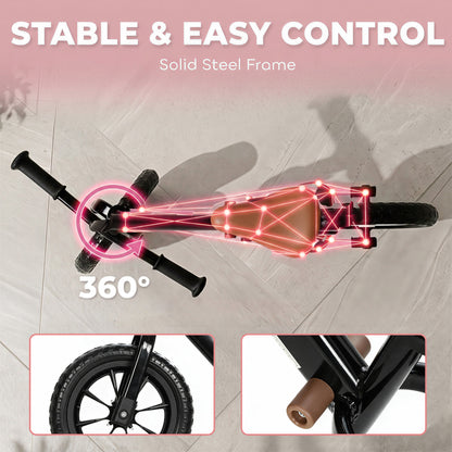 AIYAPLAY Kids Balance Bike | Black or Pink | 84x40x57cm | Ø28.5cm Light-Up EVA Wheels | Seat 31-43cm | Handlebar 56-59cm | 50kg Max | Steel Frame | Age 24-60 Months