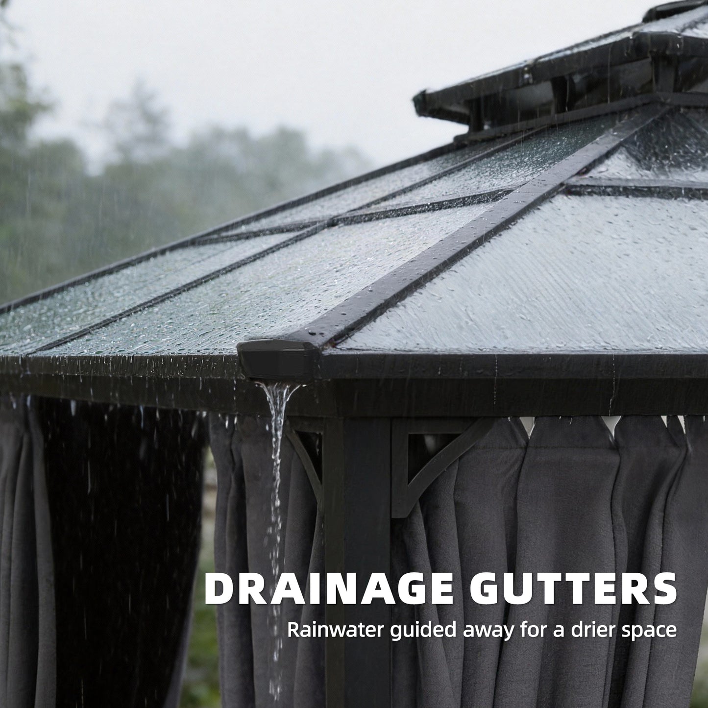 2.5x2.5m Hardtop Gazebo | 6mm Polycarbonate Roof | Drainage Gutters | Curtains & Mesh | Ceiling Hook | Dark Grey