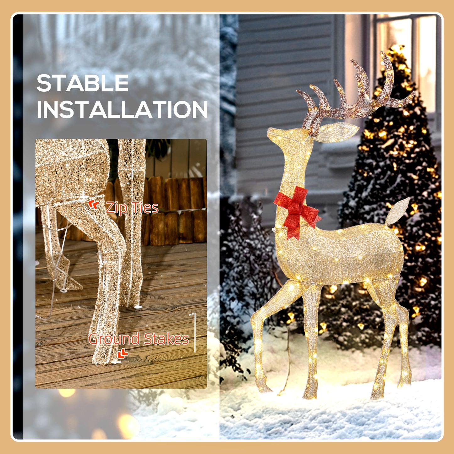 Lighted Reindeer Christmas Decorations Outdoor, 3-Piece Light Up Deer Family Set of 3 with 283 LED Lights for Indoor, Lawn, Garden, Gold Tone
