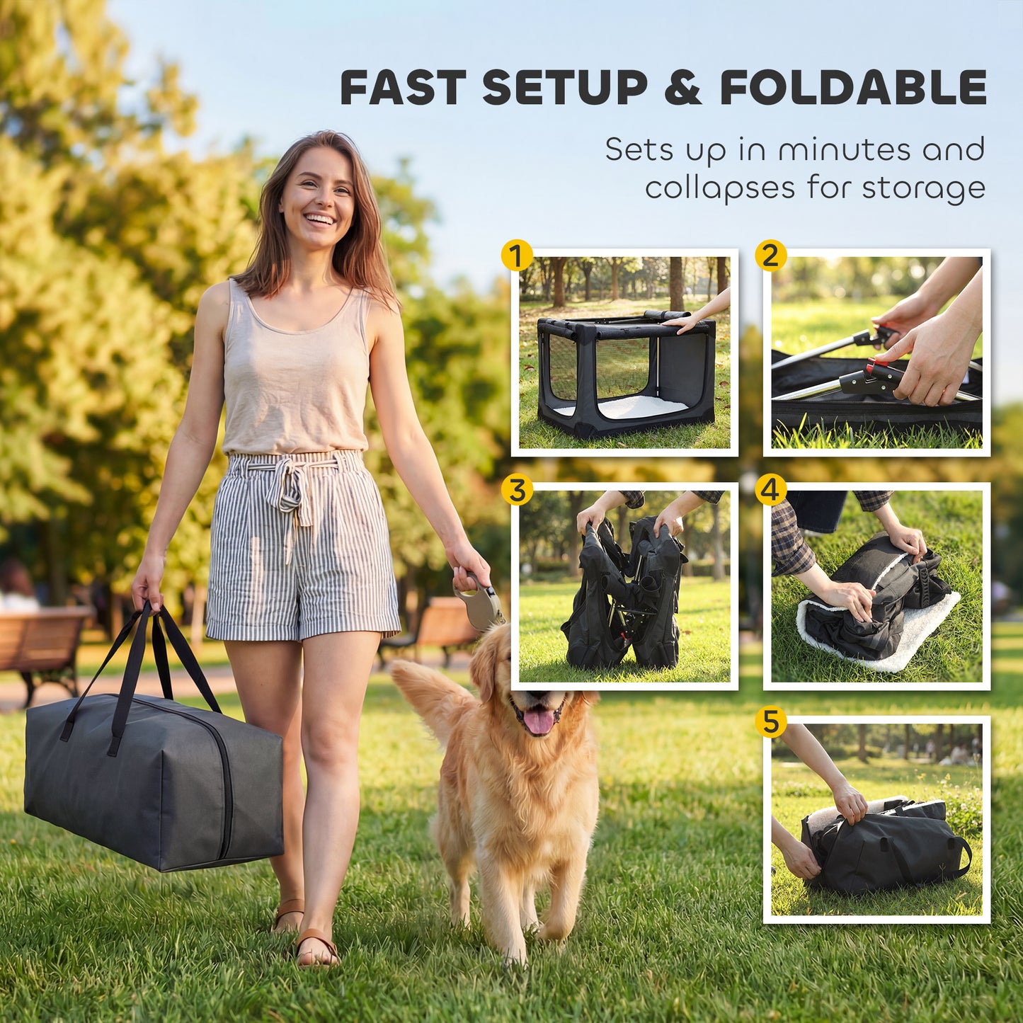 Large Soft Dog Crate | Pop-Up 8-Rod Frame | 3-Sided Mesh | Full-Zip Closure | Removable Washable Pad | Folds to 64 x 27 x 25cm | Dogs up to 30kg | Army Green