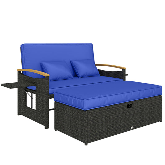 3-in-1 Rattan Garden Daybed | Loveseat to Daybed | Storage Ottoman | 5-Level Adjustable Backrest | 2 Foldable Side Tables | All-Weather PE Rattan | 240kg | Brown