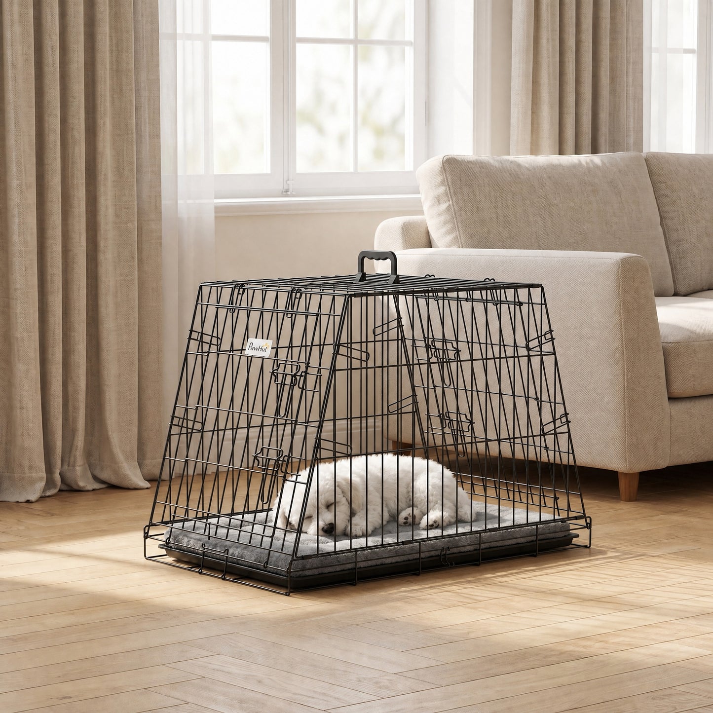 Collapsible Car Dog Crate | Slanted Boot-Fit Design | Removable Tray | Secure Latch | 76 x 48 x 53cm | Small Dogs | Black