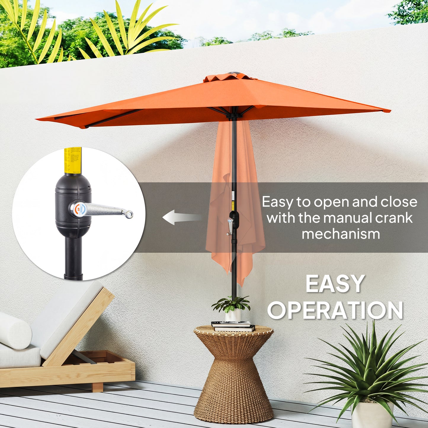 Half Round Wall Parasol Umbrella | UV & Splash Resistant Polyester | Powder-Coated Metal Frame | Crank Handle | Ideal for Balcony Patio & Small Gardens | 269x138x236cm | Orange