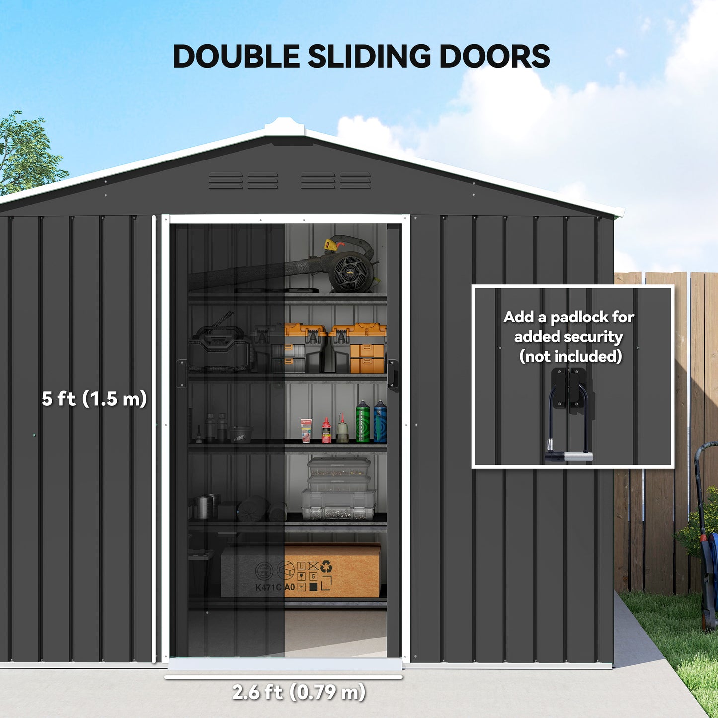 Large Galvanised Steel Garden Storage Shed | Double Sliding Door | 4 Ventilation Slots | Sloped Roof | 20kg/m² Snow Load | 236x171x191cm | Bikes Scooters Tools & Bins | Dark Grey