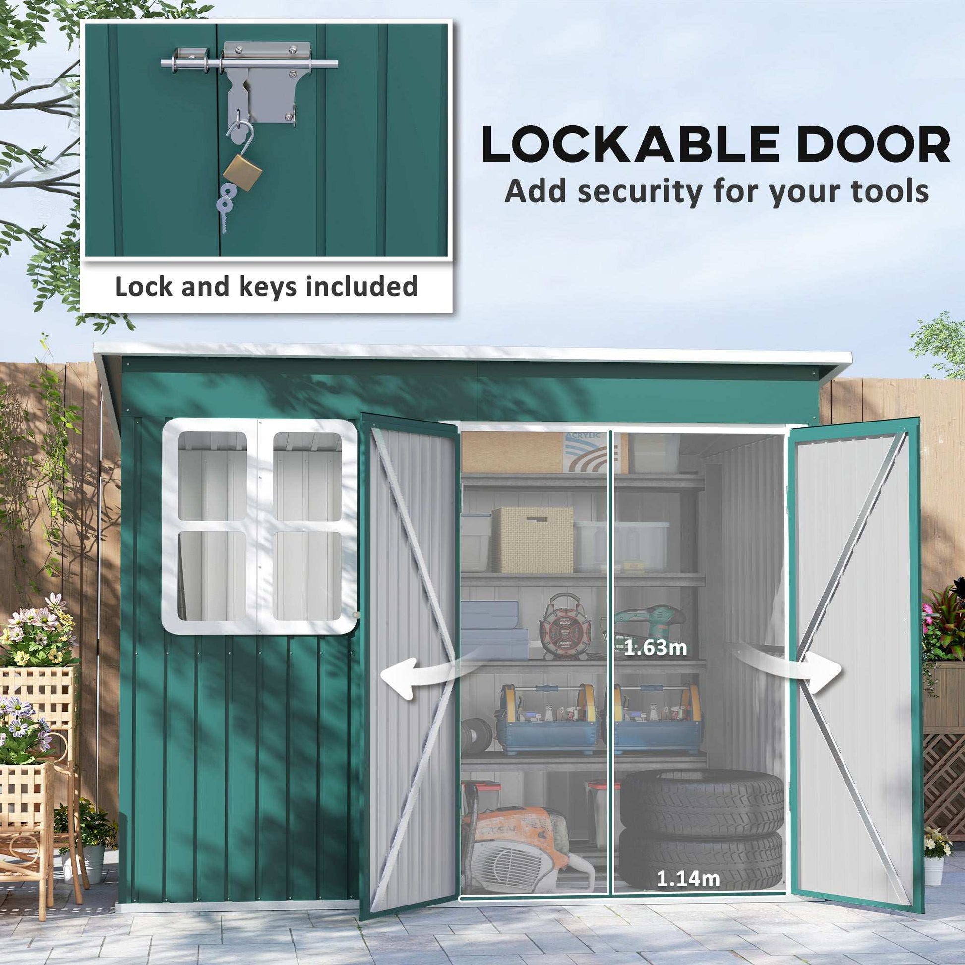 8.5 x 6ft Storage Shed Galvanised Steel Garden Shed, Metal Shed W/ Foundation Kit, Window, Lockable Wide Doors, Air Vents for Outdoor, Green