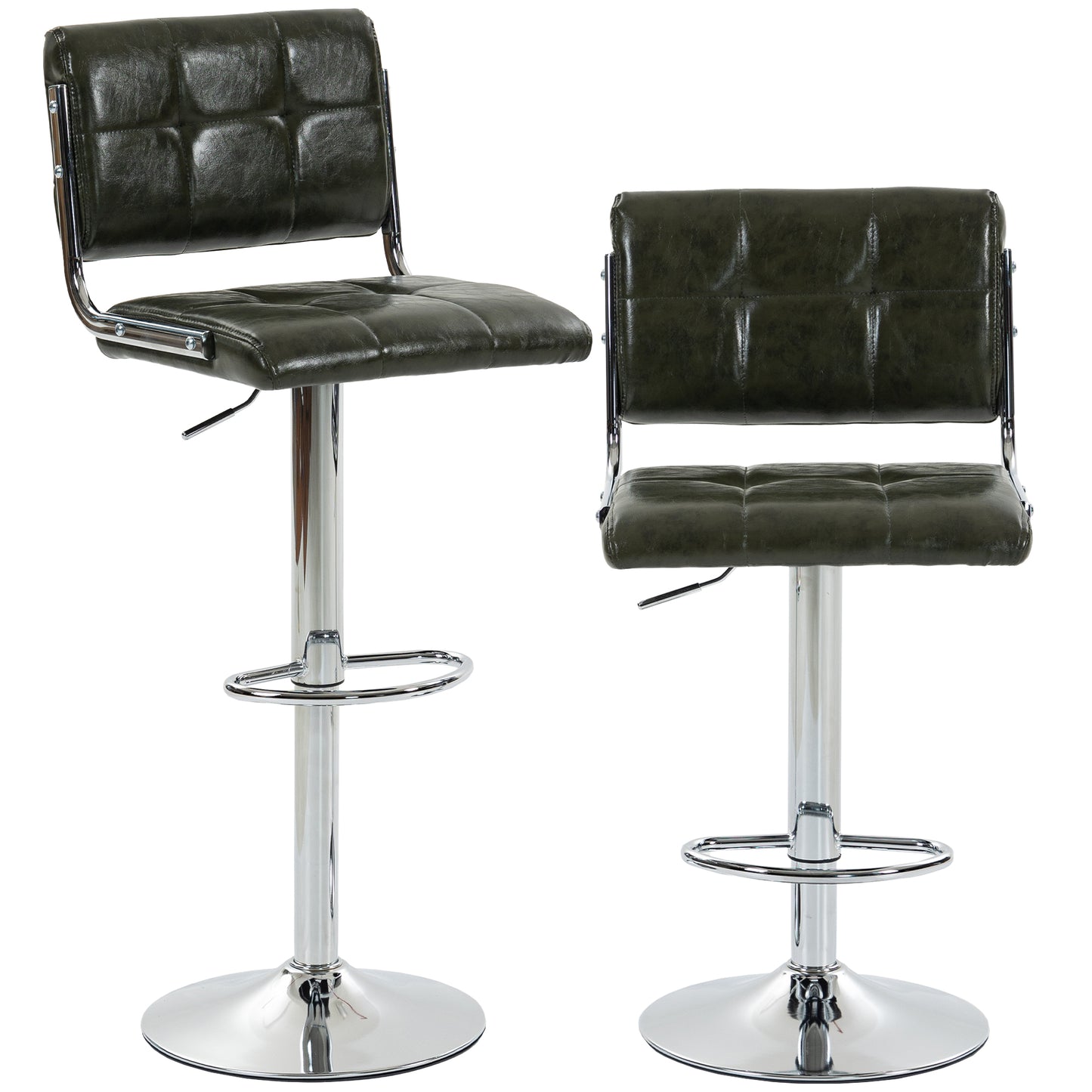 PU Leather Adjustable Bar Stools | Set of 2 | Square Tufted Backrest | Footrest | 62–83cm Height | Kitchen Island | Green