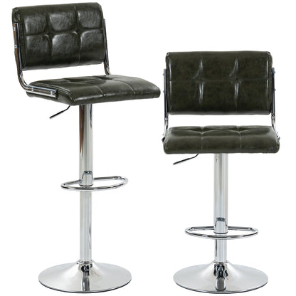 PU Leather Adjustable Bar Stools | Set of 2 | Square Tufted Backrest | Footrest | 62–83cm Height | Kitchen Island | Green
