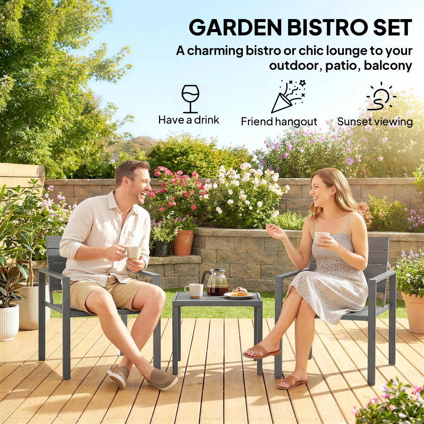 3 Piece Garden Bistro Set | 2 Chairs & Table | HDPE Surfaces | Powder Coated Steel Frame | Weather Resistant | 120kg | Dark Grey
