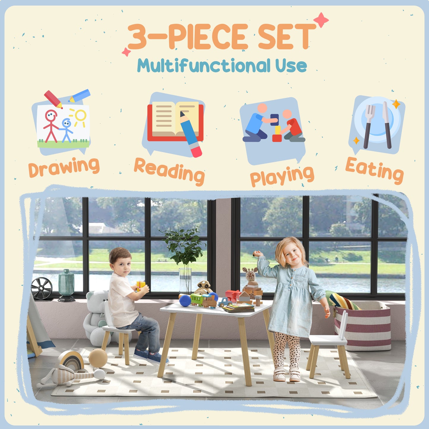 AIYAPLAY 3 Piece Toddler Table and Chair Set, Kids Desk and 2 Chairs Set w/ Bunny Ear Backrest, for Nursery, Playroom
