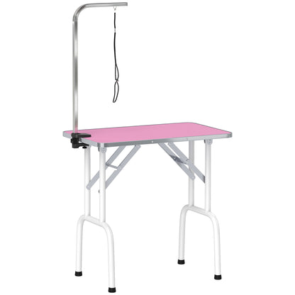 Foldable Dog Grooming Table | Non-Slip Rubber Top | Adjustable Arm 20-60cm | 20kg | Pink
