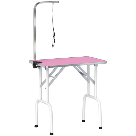 Foldable Dog Grooming Table | Non-Slip Rubber Top | Adjustable Arm 20-60cm | 20kg | Pink