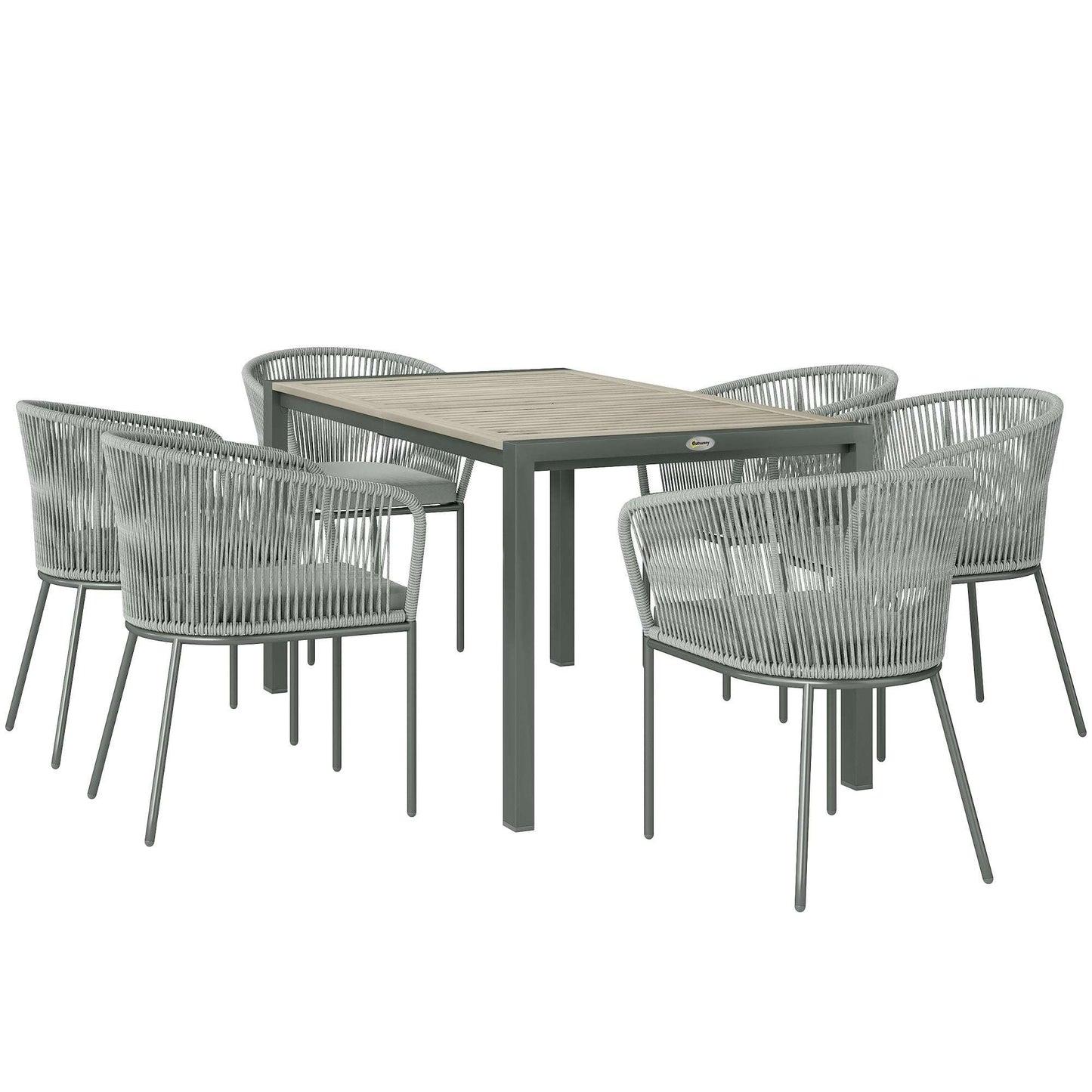 Rattan Dining 6 Seater Garden Furniture Set W/ Acacia Wood Top Rectangle Table, 6 Chairs for Outdoor, Patio, Conservatory, Grey