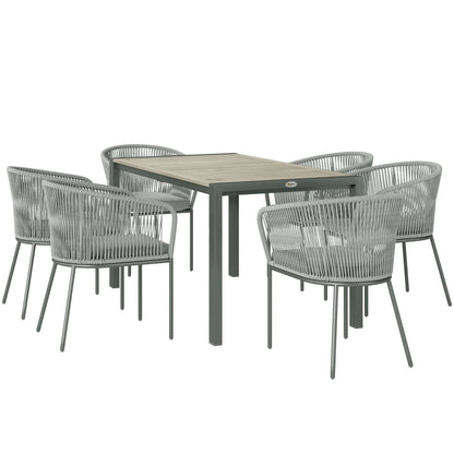 Rattan Dining 6 Seater Garden Furniture Set W/ Acacia Wood Top Rectangle Table, 6 Chairs for Outdoor, Patio, Conservatory, Grey