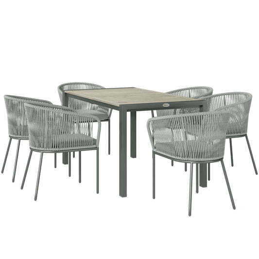 Rattan Dining 6 Seater Garden Furniture Set W/ Acacia Wood Top Rectangle Table, 6 Chairs for Outdoor, Patio, Conservatory, Grey