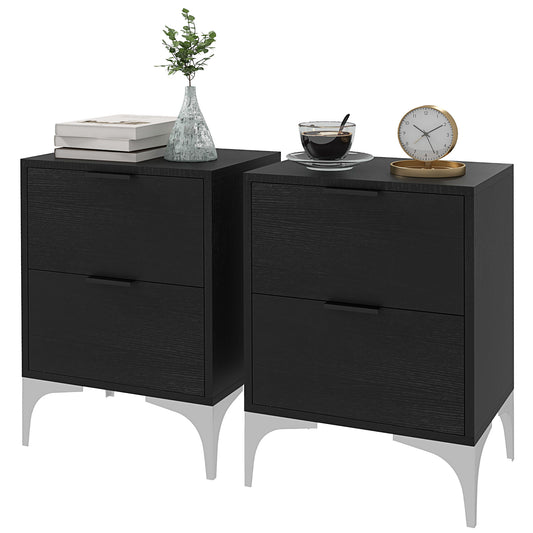 Bedside Tables Set of 2, Modern Nightstand with 2 Drawers, Small Sofa End Tables with Storage and Steel Legs for Bedroom, Living Room, Black