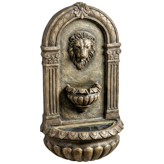 Wall-Mounted 3-Tier Lion Head Resin Waterfall Fountain | Warm LED Backlighting | Hand-Painted Weathered Stone Look | 3-Speed Adjustable Pump | 5W | 230V | 3m Cable | 41x23x79cm | Patio & Garden | Rustic Brown