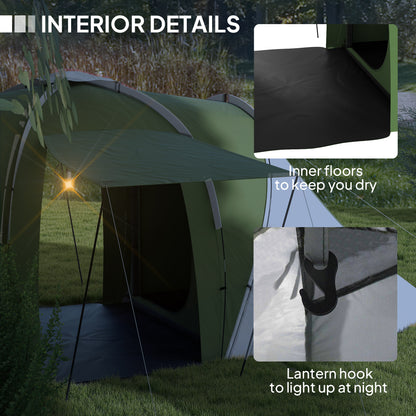 Outsunny Large Camping Tent Tunnel Tent with 2 Bedroom and Living Area, 2000mm Waterproof, Portable with Bag for 4-6 Man, Green