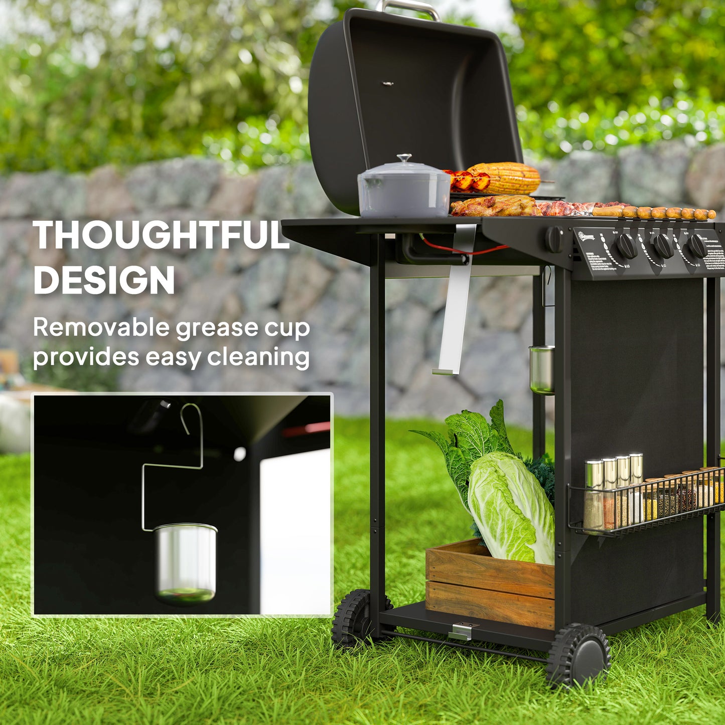 3+1 Burner Gas BBQ Grill, Portable Gas Barbecue Grill with Built-in Thermometer, Lid, Side Table, Shelf, Spice Rack, Wheels, Grease Cup for Garden