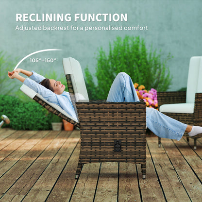 Rattan Garden Recliner Chair, Wicker Reclining Armchair with Adjustable Backrest and Cushion, Outdoor Lounge Sun Lounger, Cream White