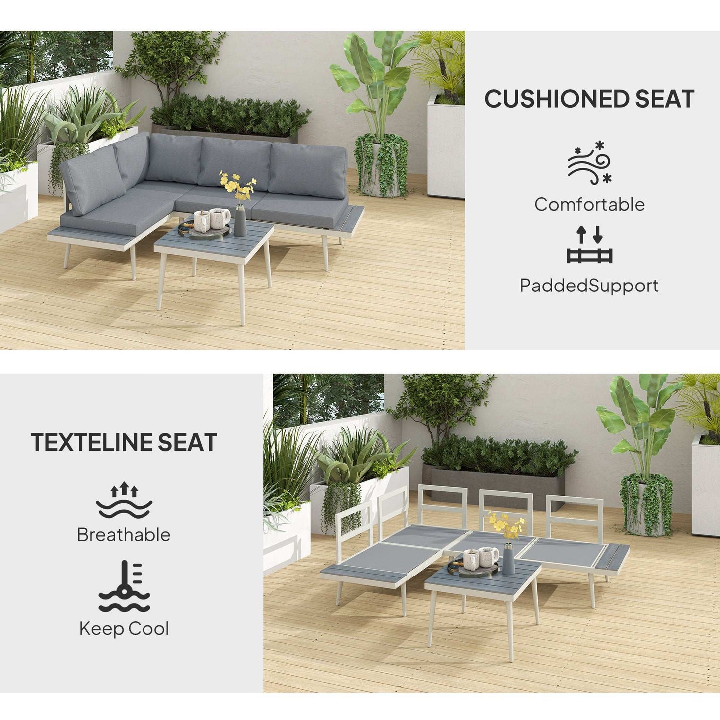 Outsunny 3 Piece Garden Furniture L Shaped Garden Corner Sofa with Cushions, Mesh Seat, Wood-Grain Table, Outdoor Furniture Set , Grey