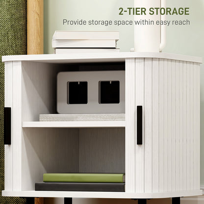 Nordic Bedside Table | Roller Shutter Sliding Doors | 2-Tier Storage | Steel Legs | Scratch-Resistant Melamine | 90kg Capacity | 48 x 40 x 48cm | White Wood Effect