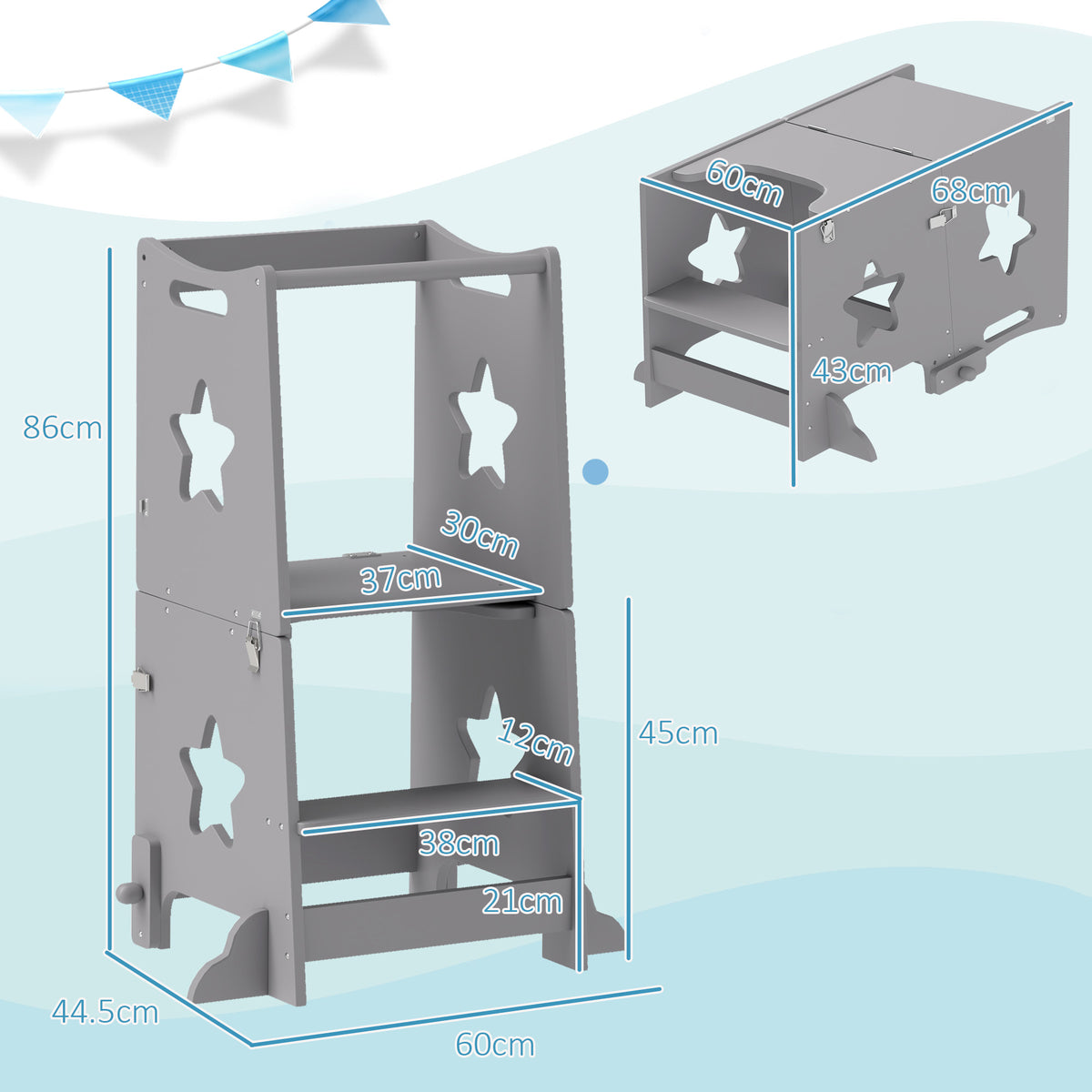 2-in-1 Toddler Step Stool & Table Chair Set | Safety Rail | Solid Pinewood & MDF | EN71 Certified | 30kg Capacity | Ages 3–6 | Kitchen Bathroom & Bedroom | Grey
